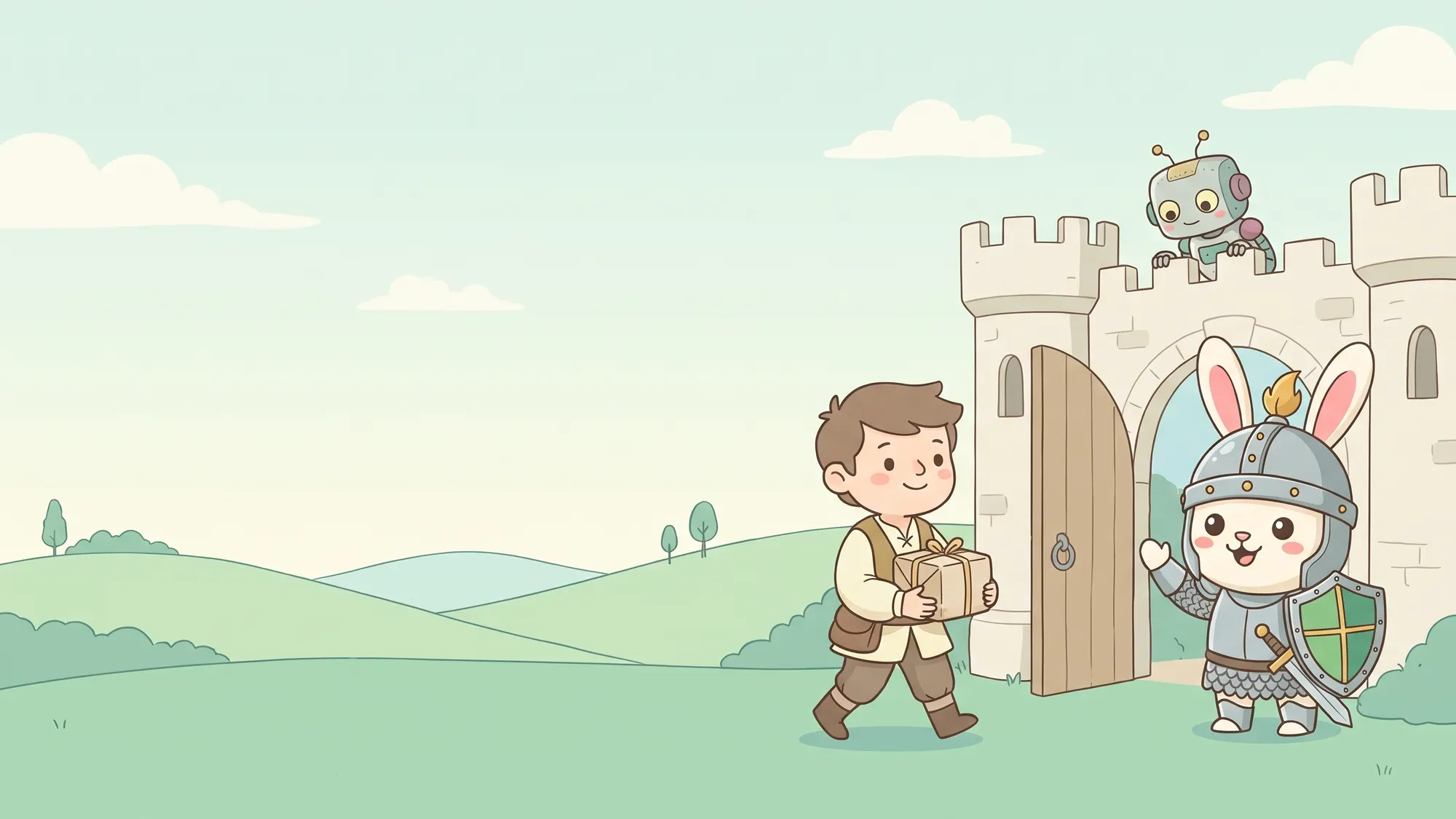 The Rabbitproof rabbit at an open castle gate, waving a person with a parcel through, while a small robot peeks over the wall.