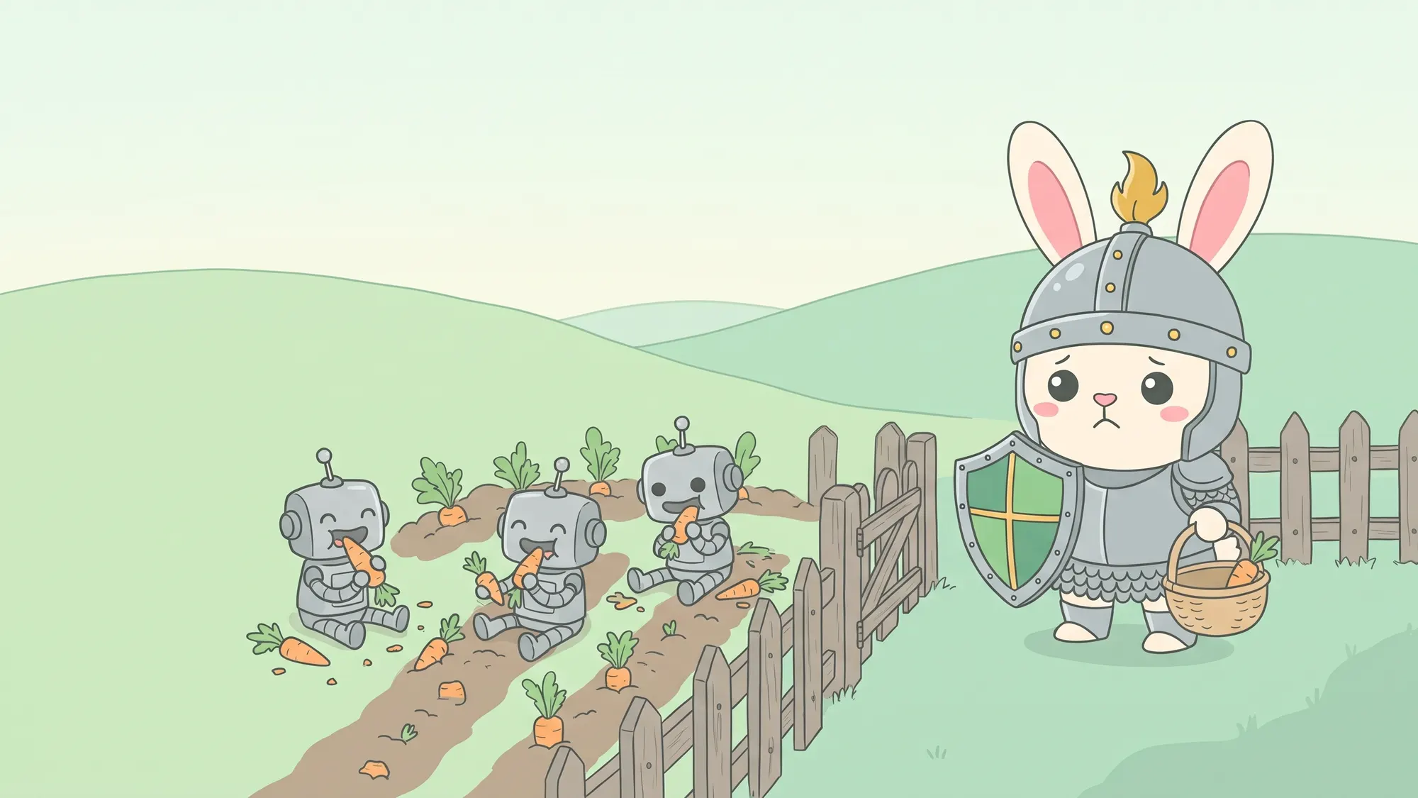 Three small robots sitting in the rabbit's carrot patch eating the carrots, while the rabbit looks on with a nearly empty basket.