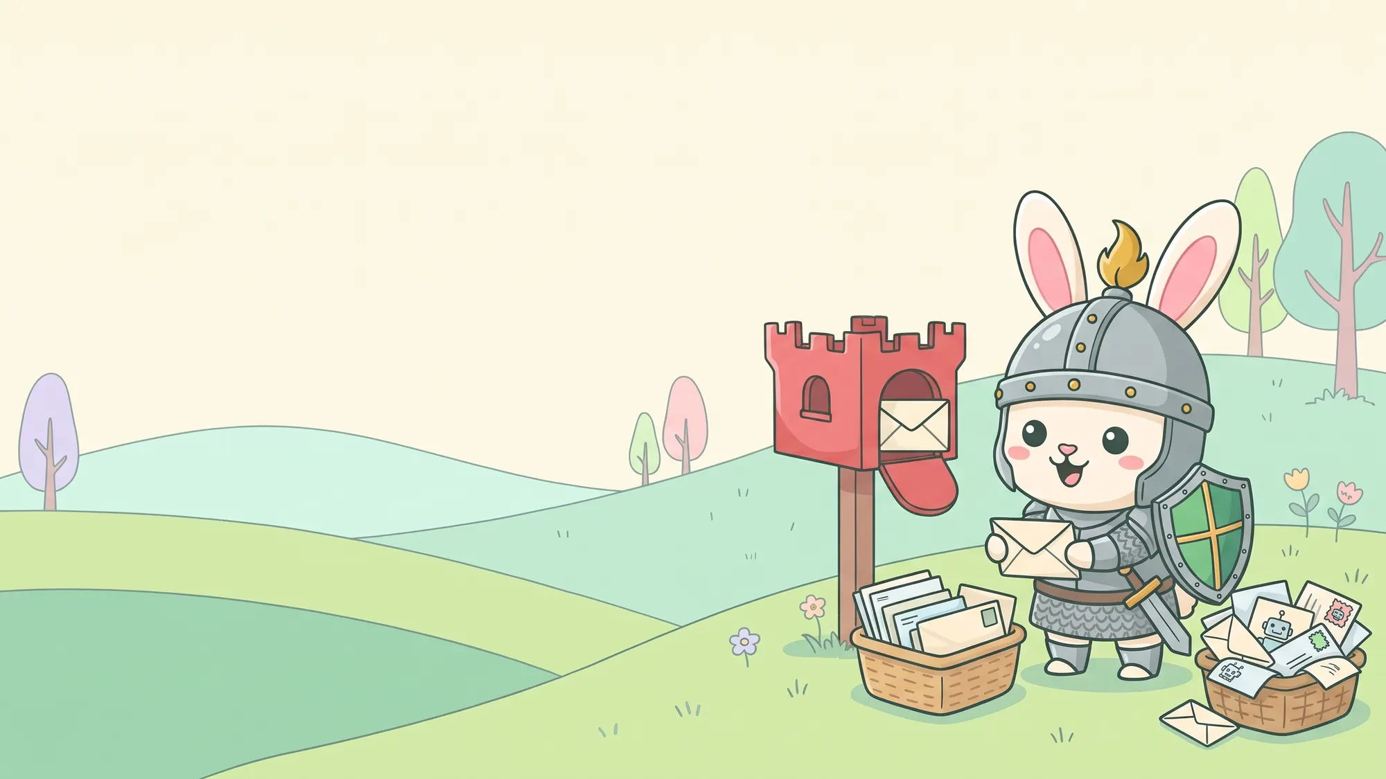 The Rabbitproof rabbit at a castle letterbox, sorting real letters into one basket and junk mail with robot stamps into another.