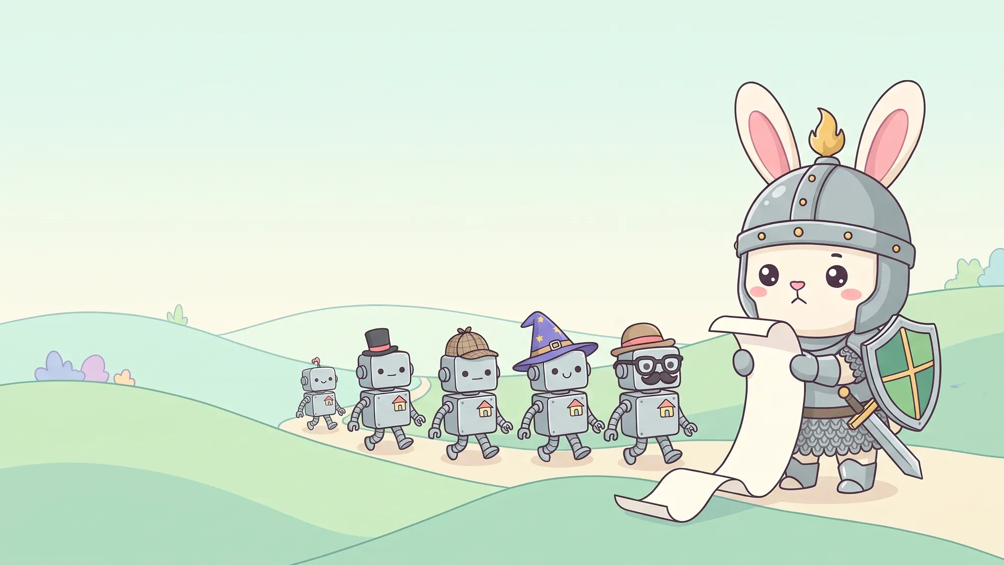 The Rabbitproof rabbit reading a long list, puzzled, as a line of robots in different hats walks past.