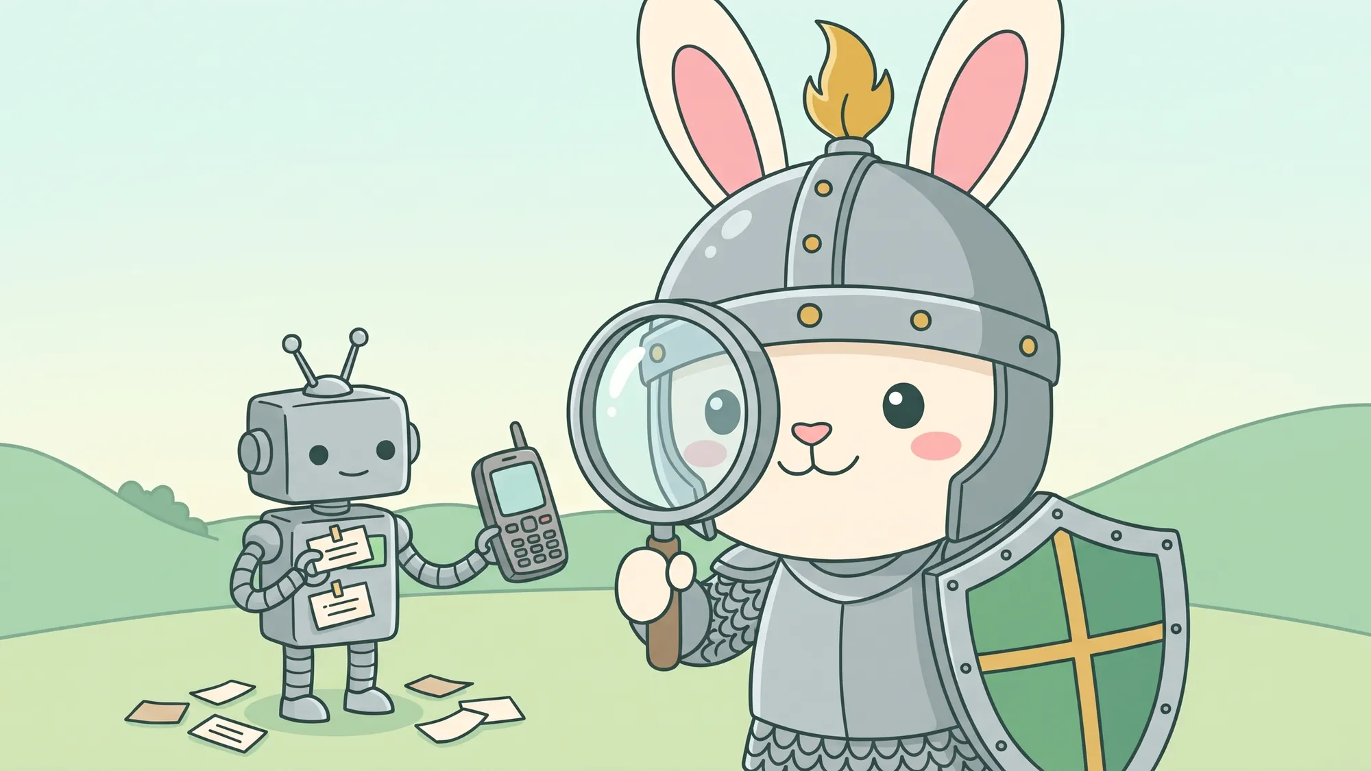 The Rabbitproof rabbit looking through a magnifying glass at a small robot that is swapping name tags while holding the same old mobile phone.