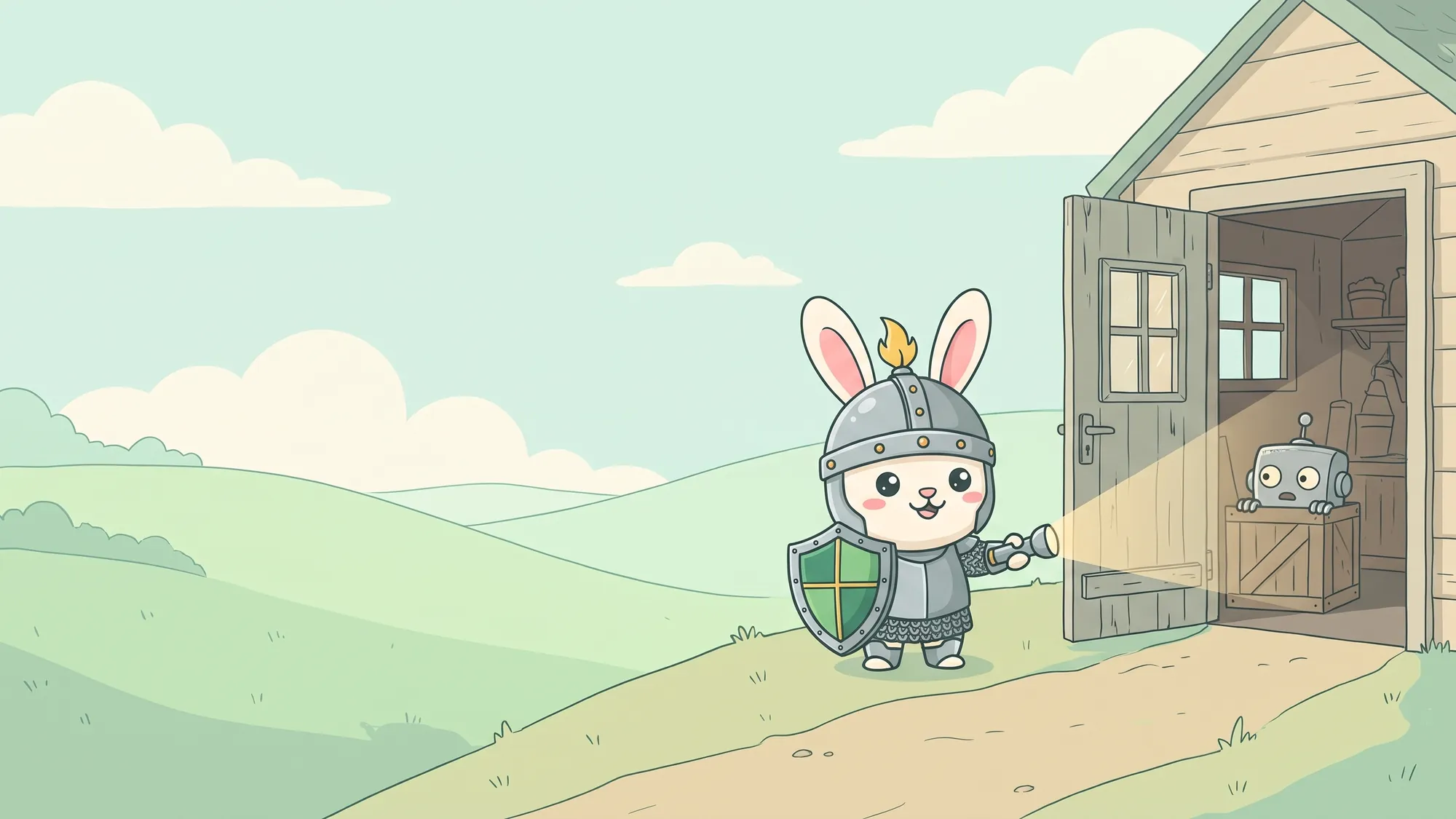 The Rabbitproof rabbit on a hill path shining a flashlight into a garden shed, where a small robot hiding behind a crate is caught in the light.