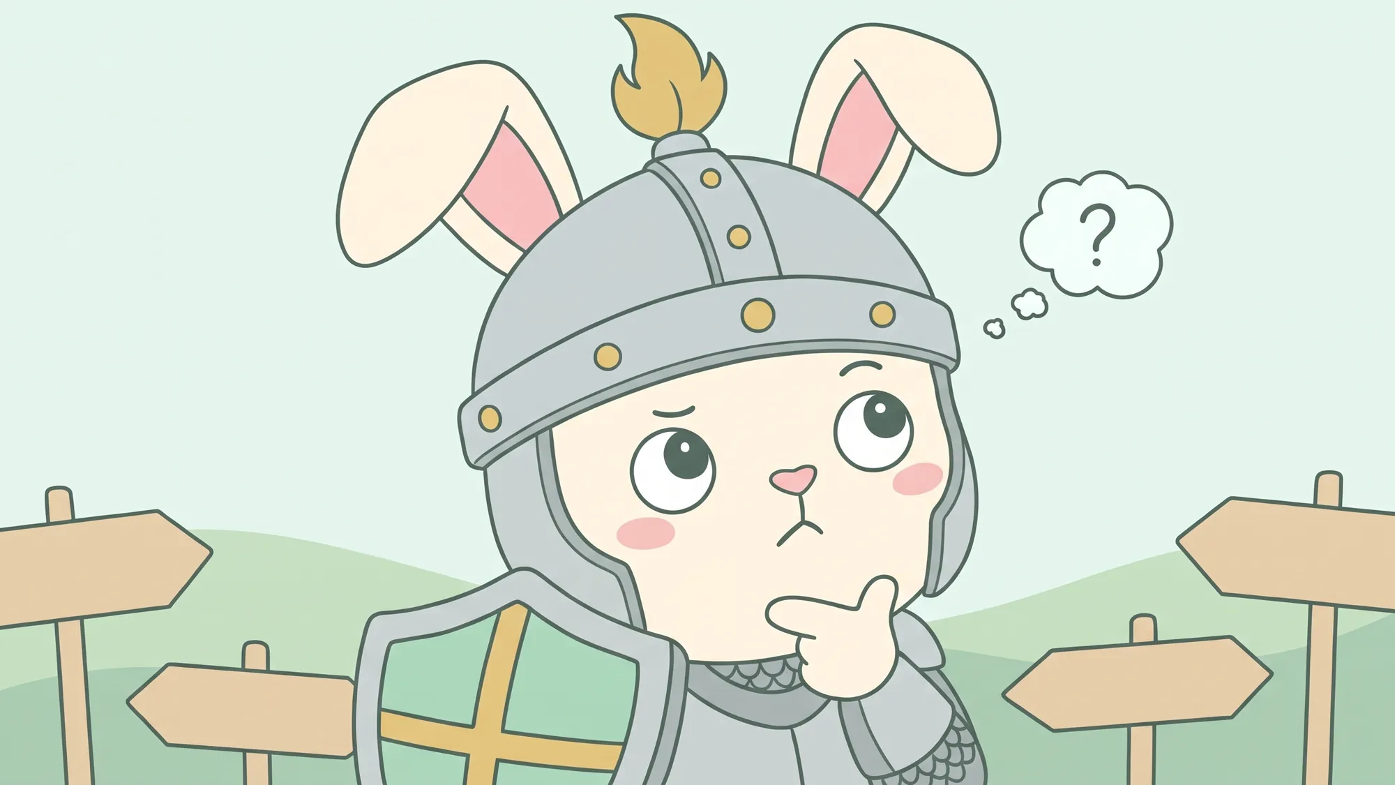 The Rabbitproof rabbit, close up, looking puzzled with a paw on its chin and a question mark in a thought bubble, in front of signposts pointing different ways.