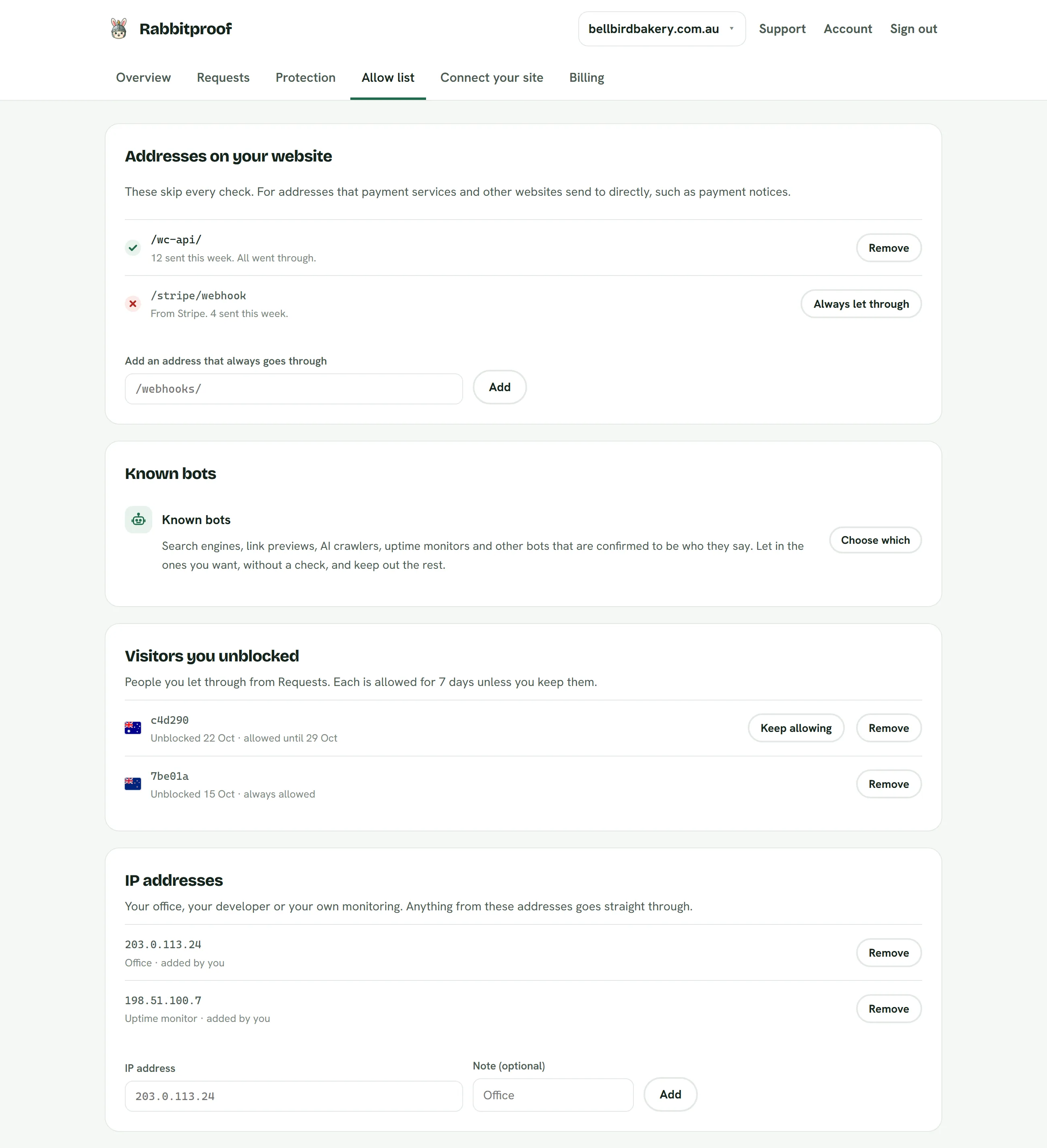 Allow list: The addresses that skip every check, the known bots let in, visitors you unblocked and the IP addresses you trust.
