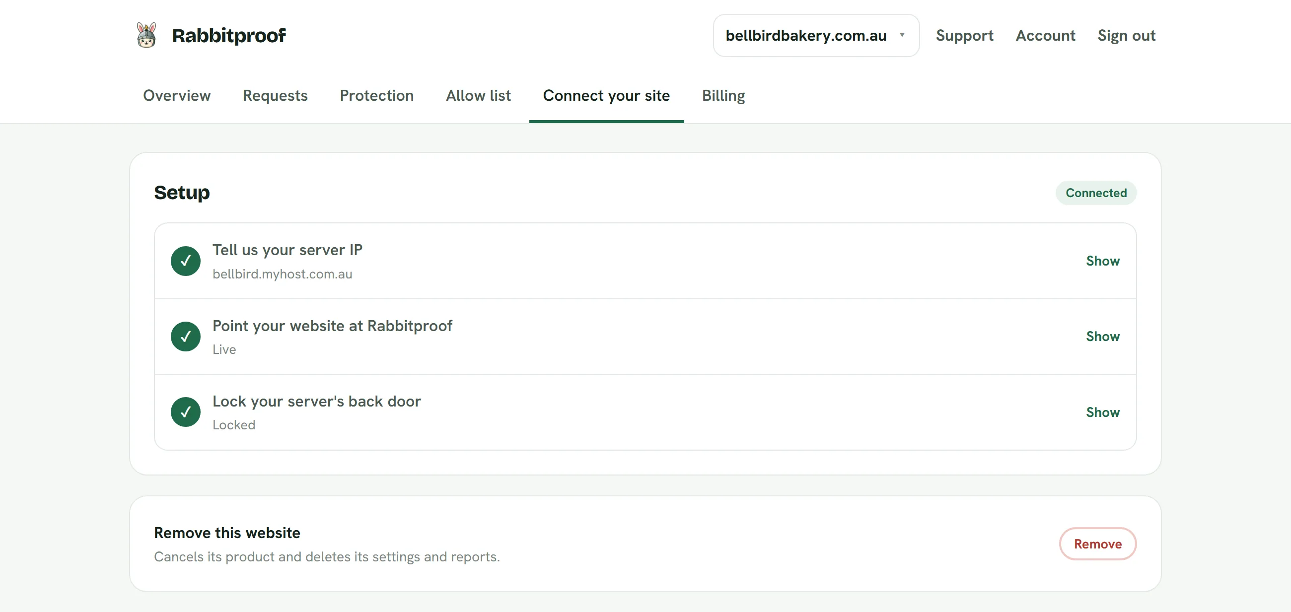 Connect your site: Your server, the record that points your website at Rabbitproof, and the lock on your back door.
