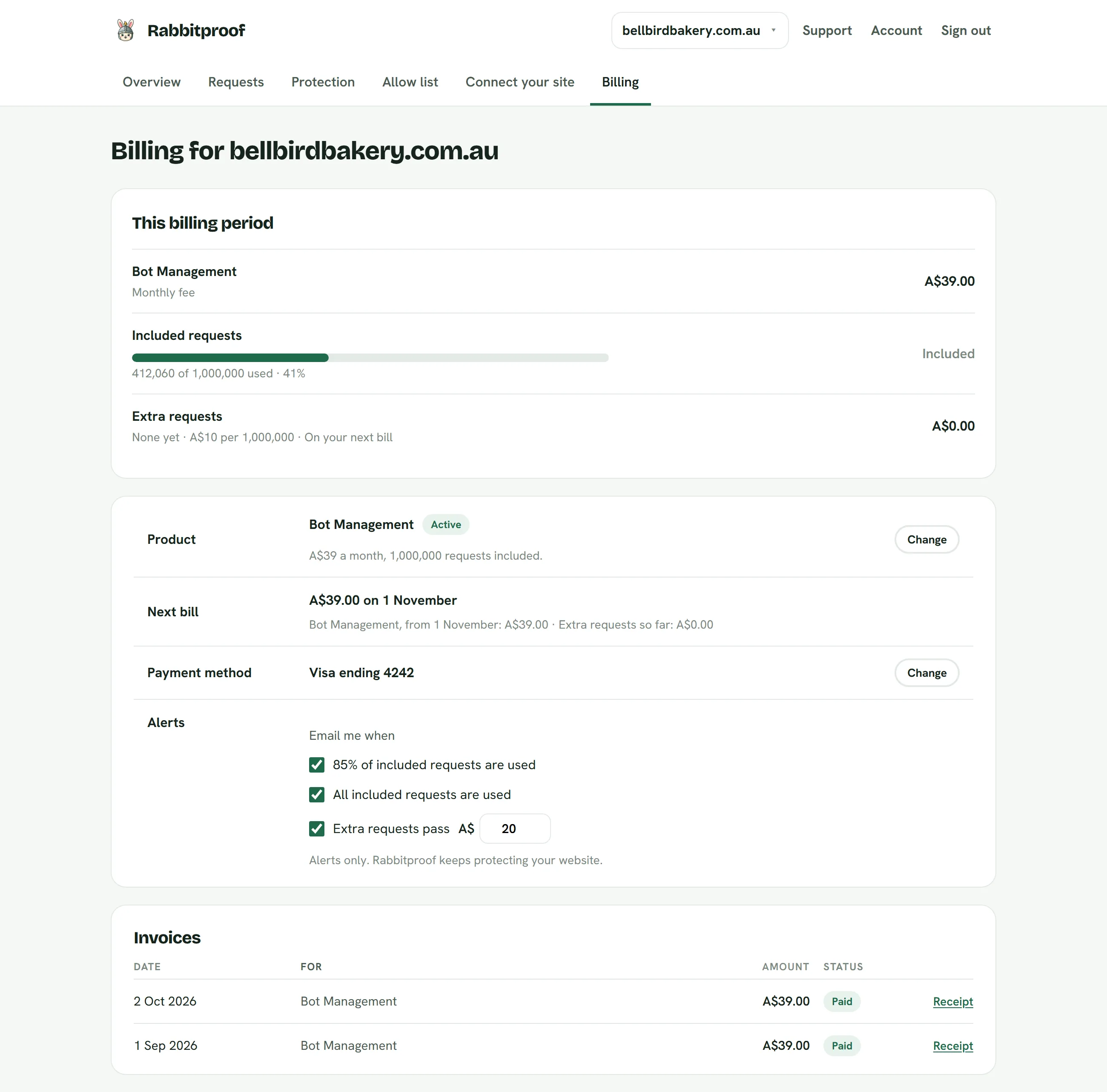 Billing: Requests this billing period, your product, the next bill, alerts and invoices.
