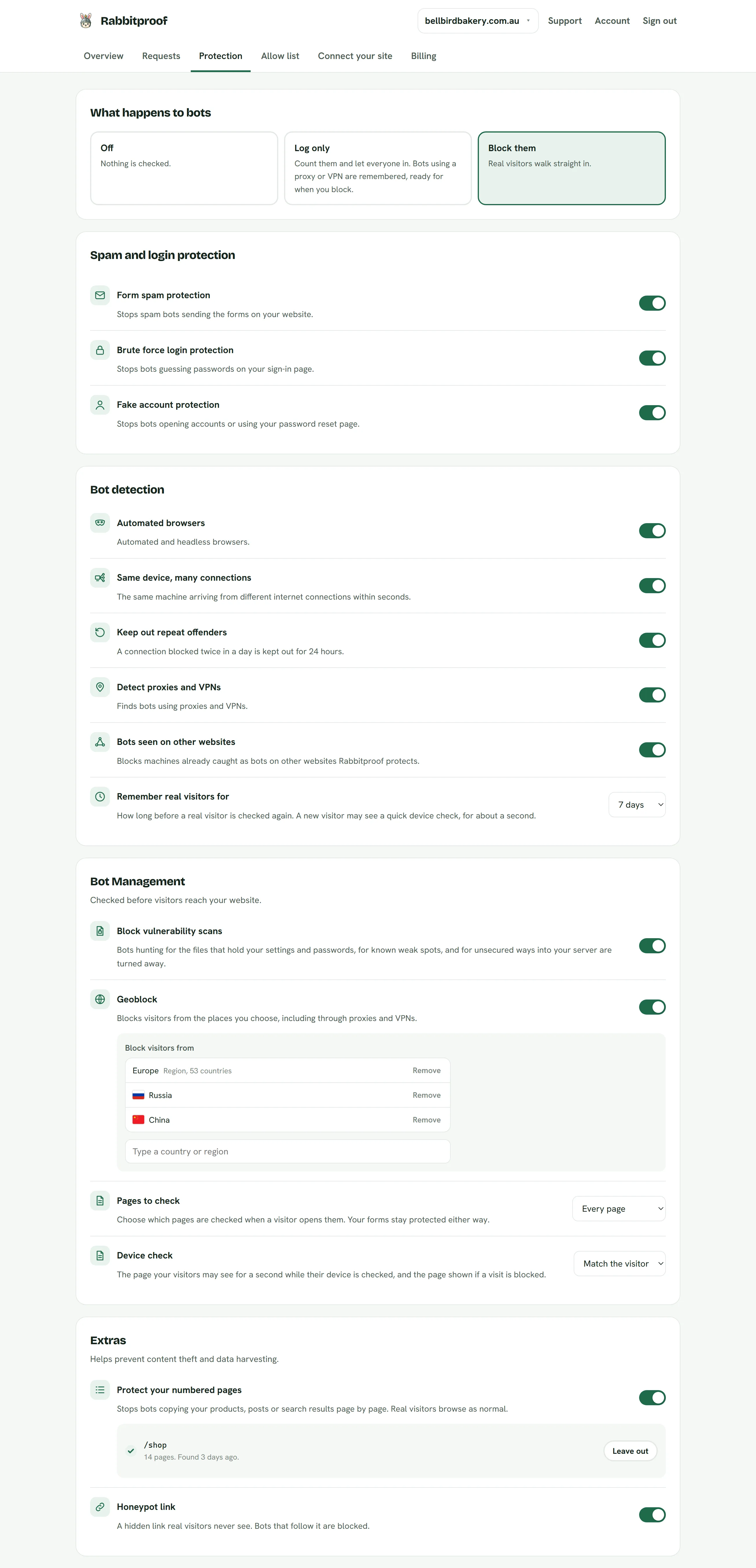 Protection: Off, Log only or Block, a switch for each rule, geoblock, the pages to check and the extras.