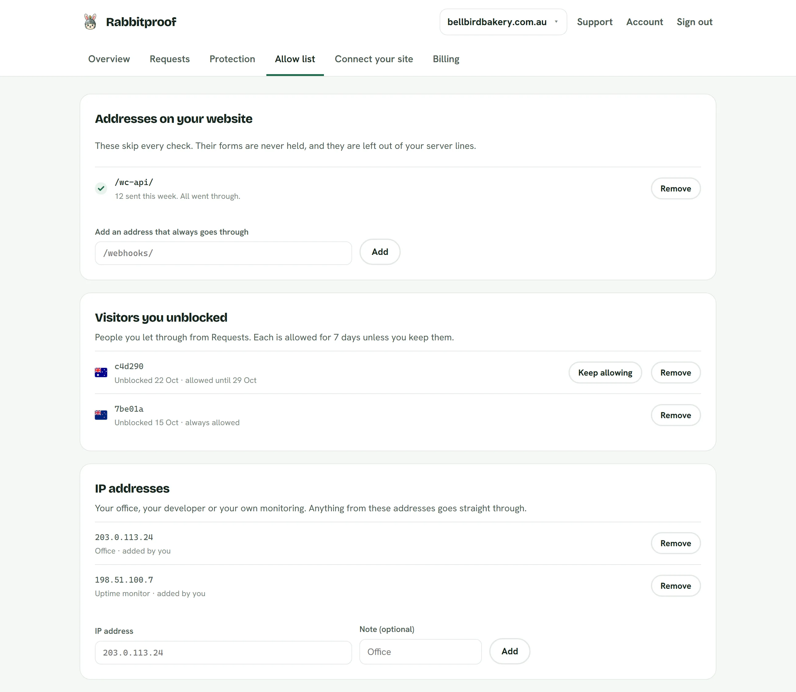 Allow list: Visitors you unblocked and the IP addresses you trust, each with Remove.