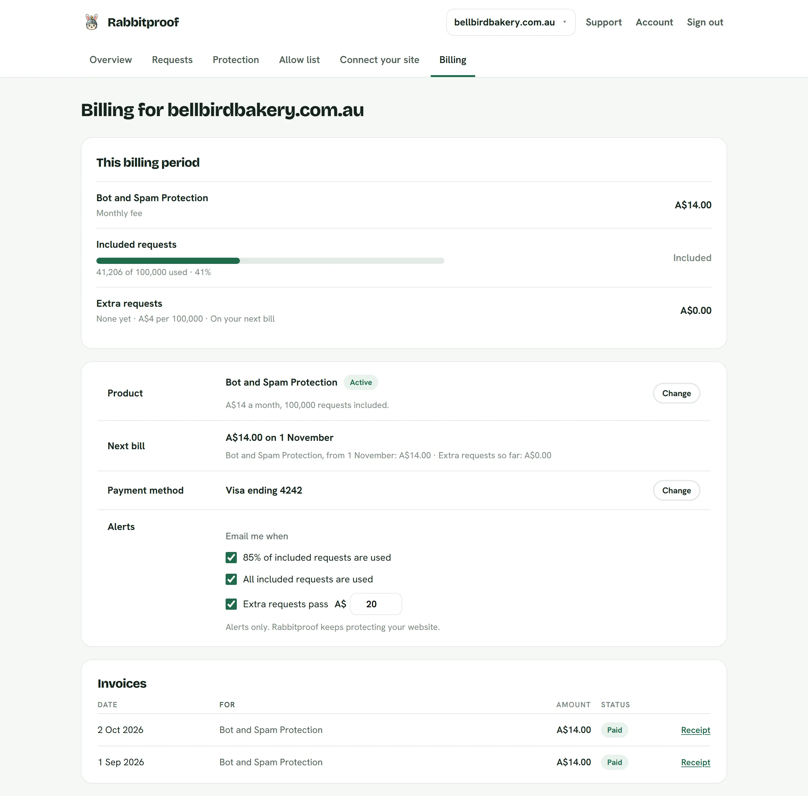 Billing: Requests this billing period, your product, the next bill, alerts and invoices.