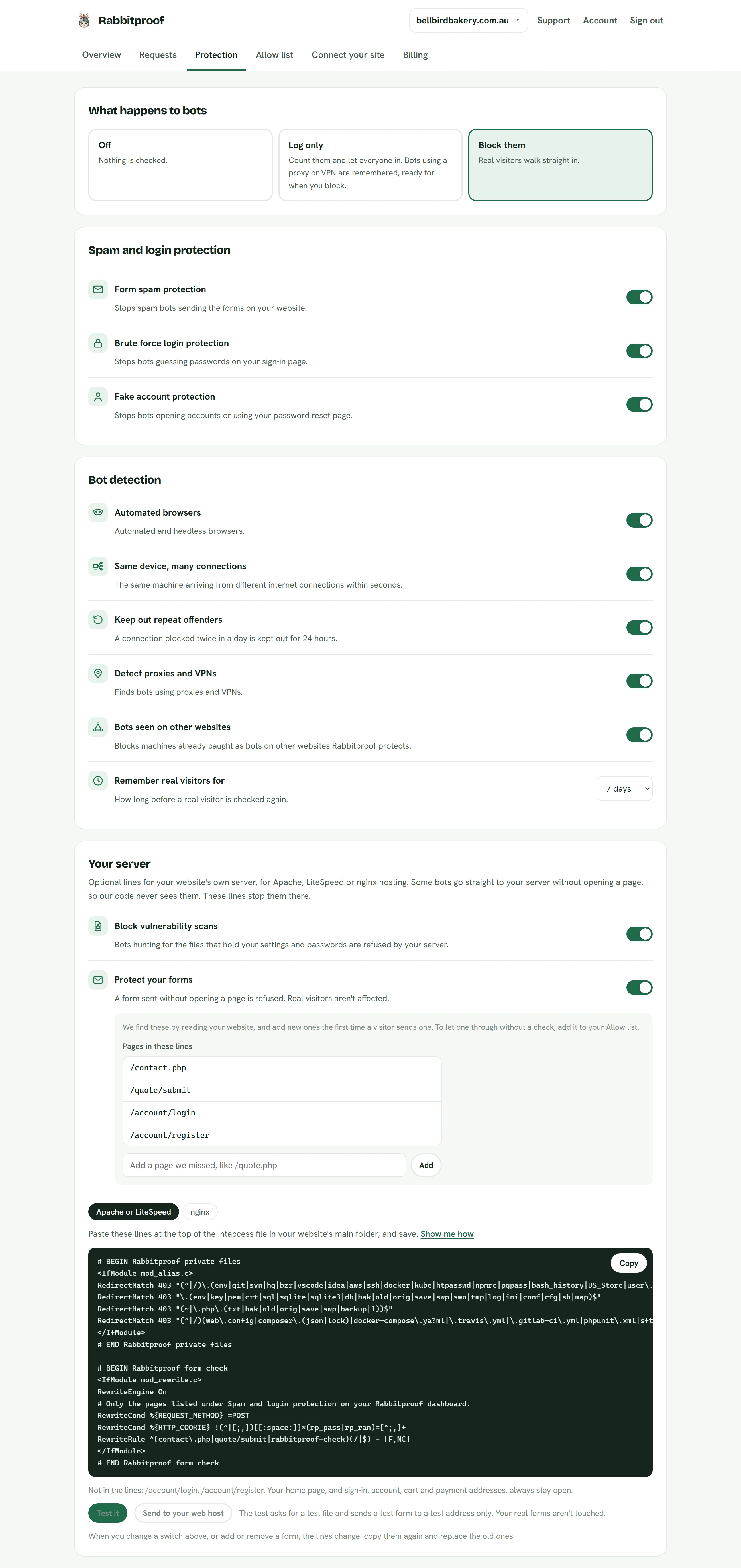 Protection: Off, Log only or Block, a switch for each rule, and optional lines for your own server.