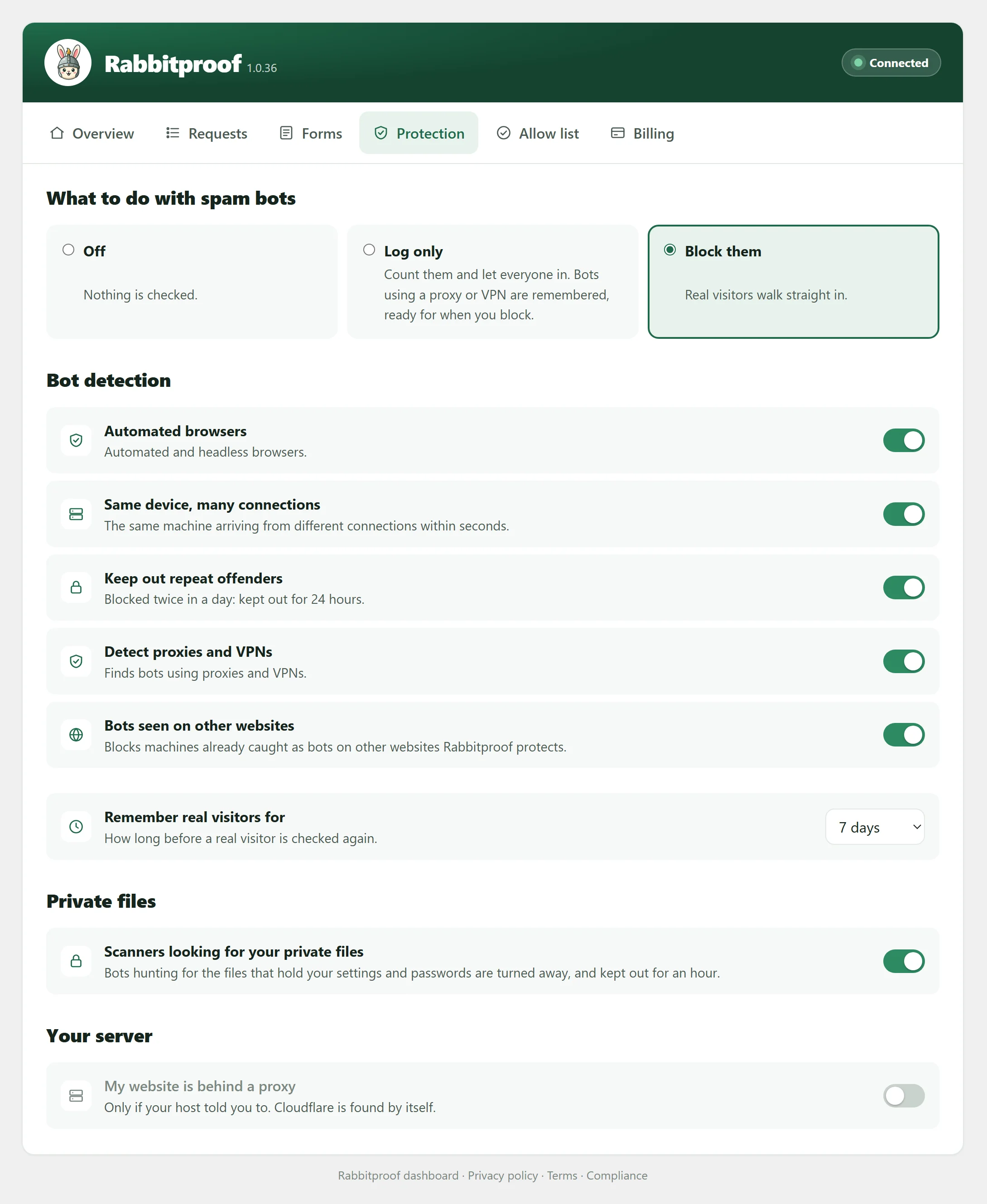 Protection: Off, Log only or Block them, bot detection, and your private files.